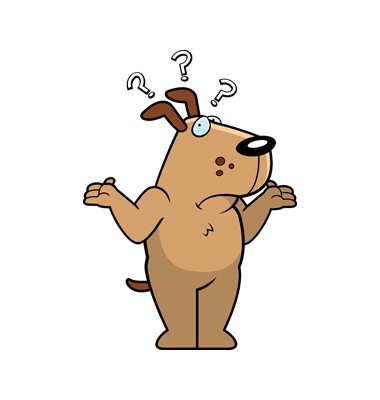 cartoon of shrugging dog with questions
