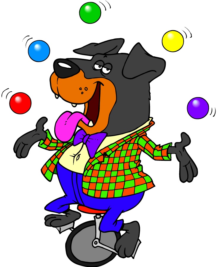 cartoon dog wearing clothes juggling balls while riding a unicycle