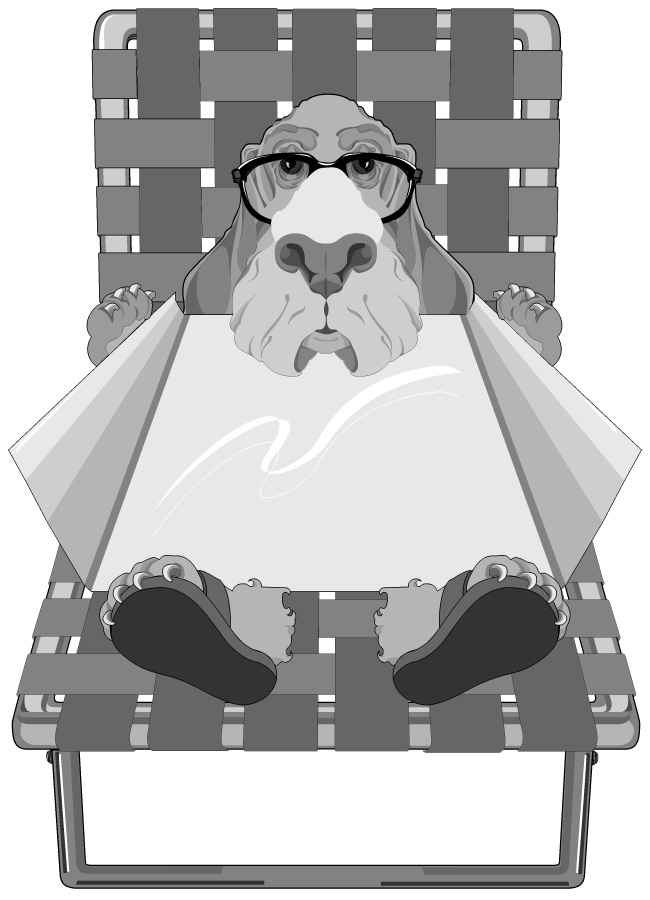 cartoon of a dog wearing glasses lying on a lawn chair sunning himself