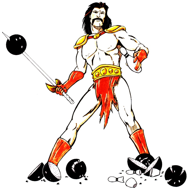 cartoon warrior slaying bowling balls