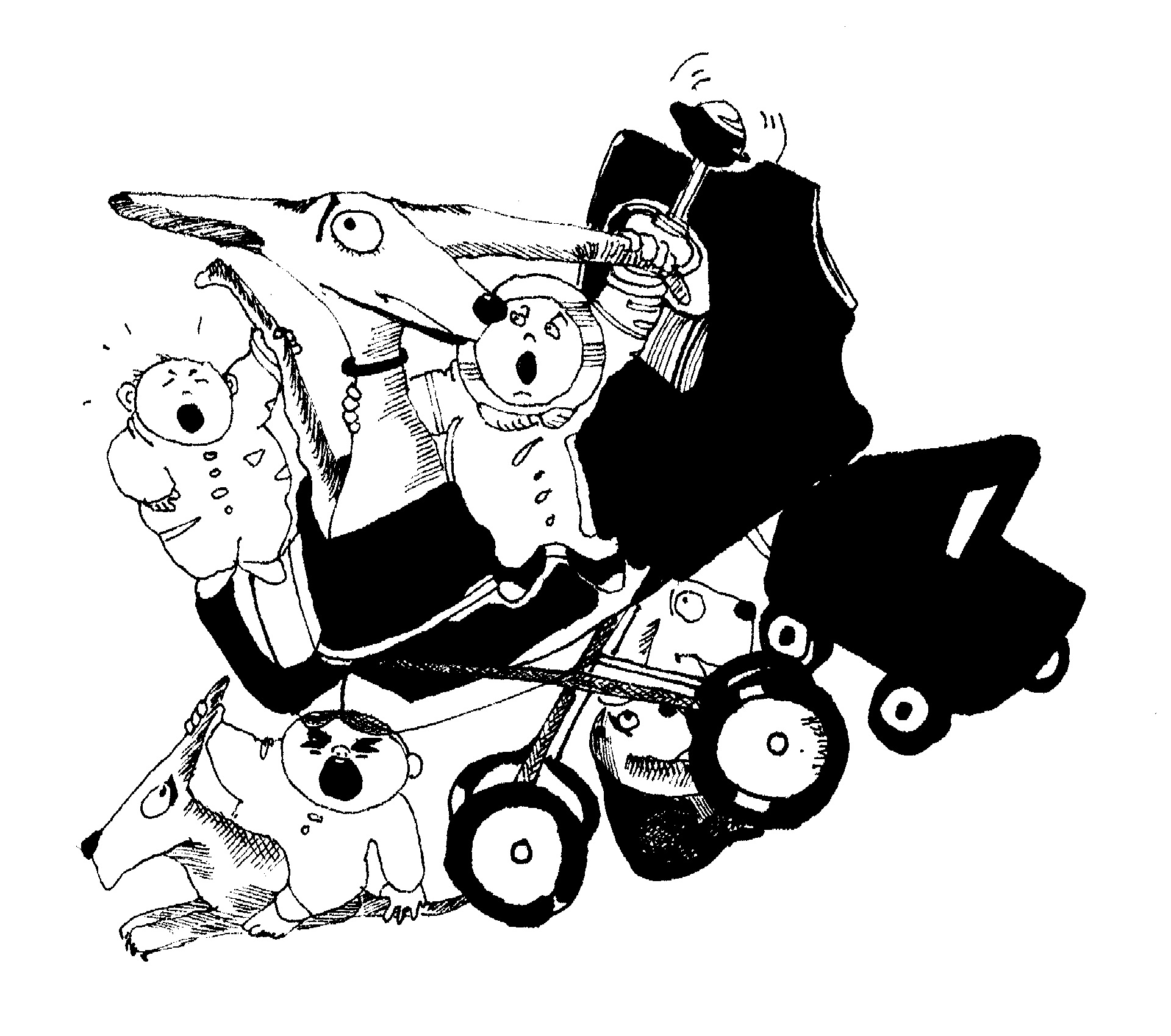 black and white drawing of baby carriage and dogs